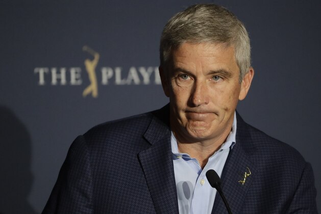 PGA Tour Commission Jay Monahan during a news conference Friday, March 13, 2020, in Ponte Vedra Beach, Fla. The PGA Tour first said there would be no fans. Now there will be no players. In a late Thursday night decision, the PGA Tour canceled the rest of The Players Championship and said it would not play the next three weeks. (AP Photo/Chris O'Meara)