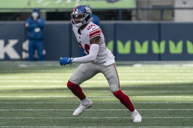 New York Giants defensive back James Bradberry is pictured during the first half of an NFL football game against the Seattle Seahawks, Sunday, Dec. 6, 2020, in Seattle. The Giants won 17-12. (AP Photo/Stephen Brashear)