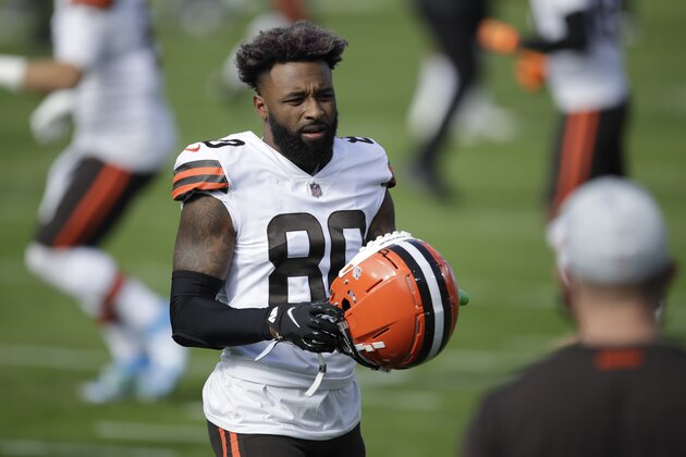 Cleveland Browns wide receiver Jarvis Landry (80) warms up before an NFL football game against the Tennessee Titans Sunday, Dec. 6, 2020, in Nashville, Tenn. (AP Photo/Ben Margot) Cleveland Browns wide receiver Jarvis Landry (80) warms up before an NFL football game against the Tennessee Titans Sunday, Dec. 6, 2020, in Nashville, Tenn. (AP Photo/Ben Margot)