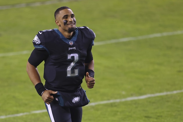 Philadelphia Eagles' quarterback Jalen Hurts (2) runs off the field after defeating the New Orleans Saints 24-21 in his first career start in an NFL football game, Sunday, Dec. 13, 2020, in Philadelphia. (AP Photo/Rich Schultz) Philadelphia Eagles' quarterback Jalen Hurts (2) runs off the field after defeating the New Orleans Saints 24-21 in his first career start in an NFL football game, Sunday, Dec. 13, 2020, in Philadelphia. (AP Photo/Rich Schultz)