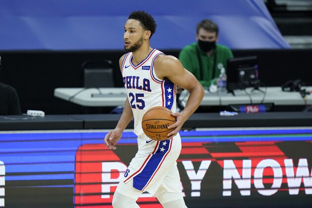 Philadelphia 76ers' Ben Simmons plays during an NBA preseason basketball game against the Boston Celtics, Tuesday, Dec. 15, 2020, in Philadelphia. (AP Photo/Matt Slocum)