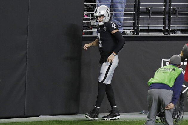 Las Vegas Raiders quarterback Derek Carr (4) limps on the sidelines after a play against the Los Angeles Chargers during the first half of an NFL football game, Thursday, Dec. 17, 2020, in Las Vegas. (AP Photo/Isaac Brekken)