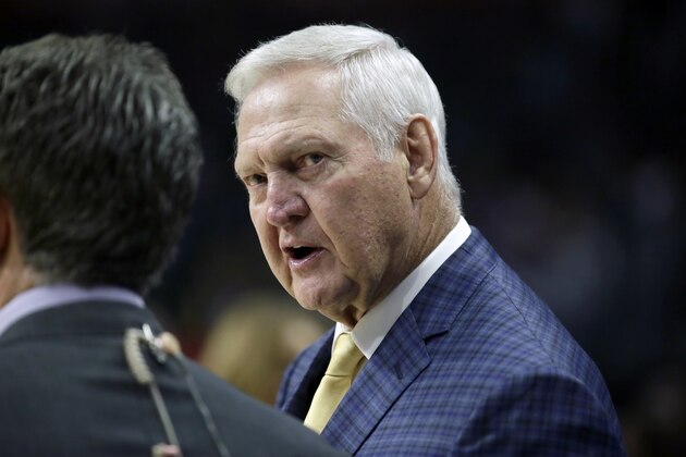 Jerry West talks prior to an NBA basketball game between the Los Angeles Clippers and the Minnesota Timberwolves in Los Angeles, Saturday, Feb. 1, 2020. (AP Photo/Alex Gallardo)
