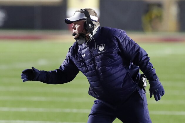 Notre Dame head coach Brian Kelly on the field during the first half of an NCAA college football game against Boston College, Saturday, Nov. 14, 2020, in Boston. (AP Photo/Michael Dwyer)