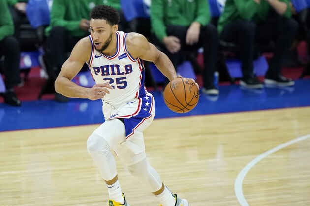 Philadelphia 76ers' Ben Simmons plays during an NBA preseason basketball game against the Boston Celtics, Tuesday, Dec. 15, 2020, in Philadelphia. (AP Photo/Matt Slocum)