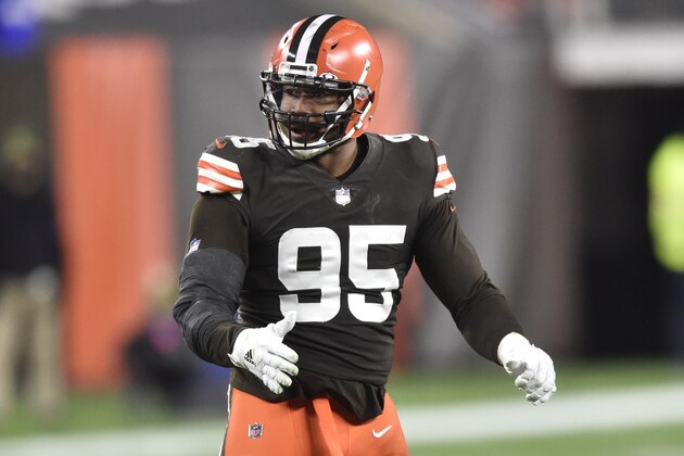 Cleveland Browns defensive end Myles Garrett (95) reacts during an NFL football game against the Baltimore Ravens, Monday, Dec. 14, 2020, in Cleveland. The Ravens won 47-42. (AP Photo/David Richard)