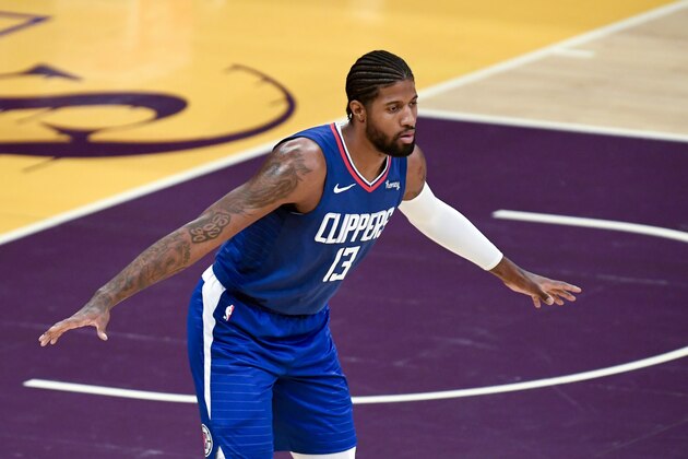 Los Angeles Clippers guard Paul George during the first half of an NBA preseason basketball game against the Los Angeles Lakers in Los Angeles, Friday, Dec. 11, 2020. (AP Photo/Kyusung Gong)