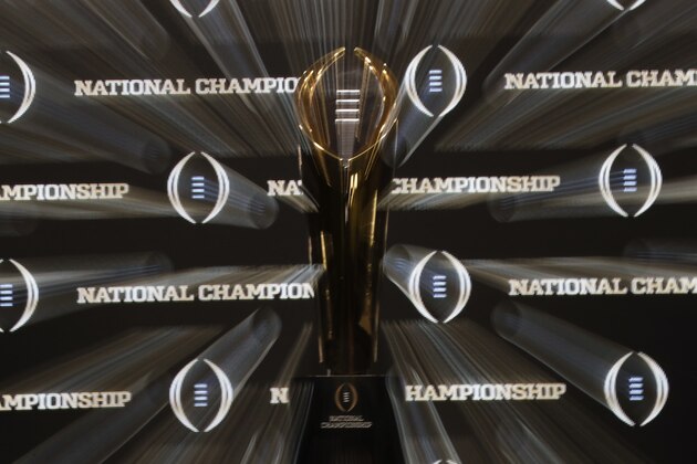 The championship trophy is seen before a news conference for the NCAA college football playoff championship game between Alabama and Clemson Sunday, Jan. 6, 2019, in Santa Clara, Calif. (AP Photo/David J. Phillip)