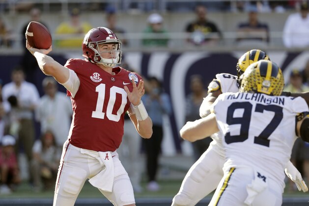 Alabama quarterback Mac Jones (10) throws a pass as Michigan defensive lineman Aidan Hutchinson (97) rushes during the second half of the Citrus Bowl NCAA college football game, Wednesday, Jan. 1, 2020, in Orlando, Fla. (AP Photo/John Raoux)