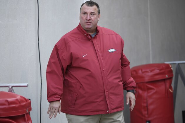 Arkansas coach Bret Bielema gets choked up as the senior players are introduced before the start of an NCAA college football game Friday, Nov. 24, 2017 in Fayetteville, Ark. Bielema was fired following the Razorbacks 48-45 loss to Missouri. (AP Photo/Michael Woods)