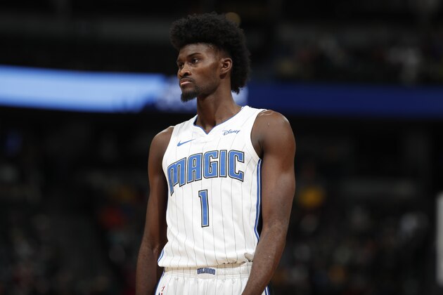 Orlando Magic forward Jonathan Isaac (1) in the first half of an NBA basketball game Wednesday, Dec. 18, 2019, in Denver. (AP Photo/David Zalubowski)