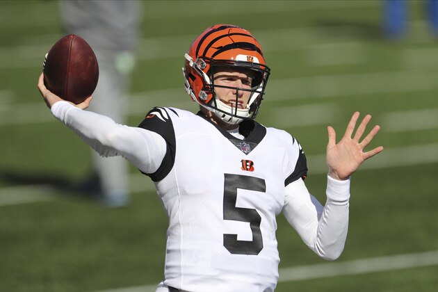 Cincinnati Bengals quarterback Ryan Finley plays against the Tennessee Titans during an NFL football game Sunday, Nov. 1, 2020, in Cincinnati. (AP Photo/Jay LaPrete)