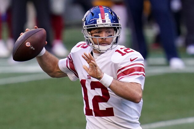 New York Giants quarterback Colt McCoy readies a pass against the Seattle Seahawks in an NFL football game, Sunday, Dec. 6, 2020, in Seattle. (AP Photo/Elaine Thompson) New York Giants quarterback Colt McCoy readies a pass against the Seattle Seahawks in an NFL football game, Sunday, Dec. 6, 2020, in Seattle. (AP Photo/Elaine Thompson)