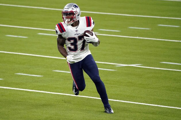 New England Patriots running back Damien Harris carries against the Los Angeles Rams during the first half of an NFL football game Thursday, Dec. 10, 2020, in Inglewood, Calif. (AP Photo/Ashley Landis)