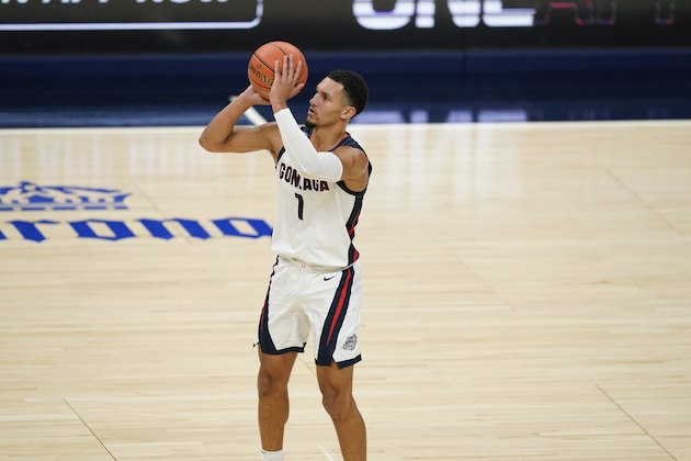Gonzaga's Jalen Suggs (1) shoots during the second half of an NCAA college basketball game against West Virginia, Wednesday, Dec. 2, 2020, in Indianapolis. (AP Photo/Darron Cummings)