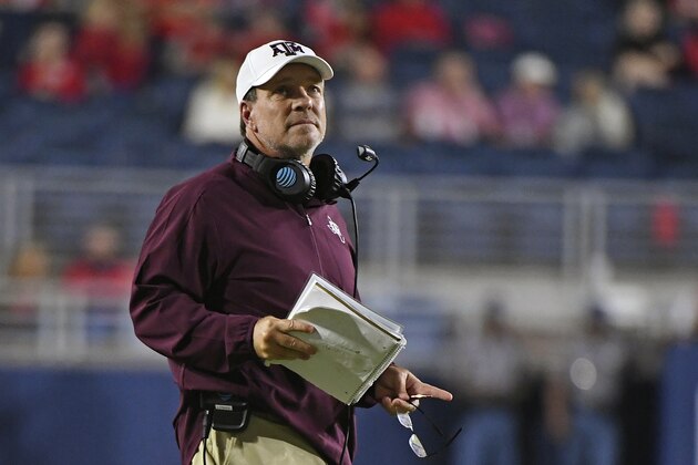 FILE - Texas A&M head coach Jimbo Fisher watches during the first half of an NCAA college football game against Mississippi in Oxford, Miss., Saturday, Oct. 19, 2019. As Jimbo Fisher enters his third season at Texas A&M he has a luxury afforded to very few coaches: a four-year starter at quarterback in Kellen Mond. (AP Photo/Thomas Graning, File)