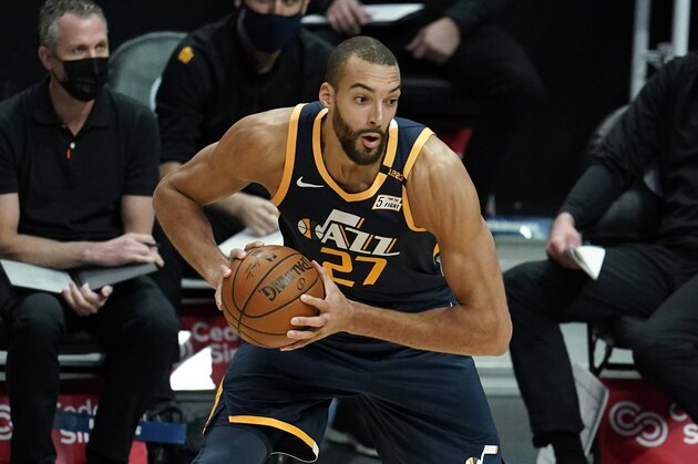 Utah Jazz center Rudy Gobert (27) during the second half of an NBA preseason basketball game against the Los Angeles Clippers Thursday, Dec. 17, 2020, in Los Angeles. (AP Photo/Marcio Jose Sanchez)