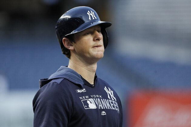 New York Yankees first baseman DJ LeMahieu prepares to take batting practice before Game 4 of baseball's American League Championship Series against the Houston Astros Thursday, Oct. 17, 2019, in New York. (AP Photo/Matt Slocum)