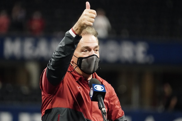 Alabama head coach Nick Saban celebrates victory against Florida after the Southeastern Conference championship NCAA college football game, Sunday, Dec. 20, 2020, in Atlanta. Alabama won 52-46. (AP Photo/Brynn Anderson)