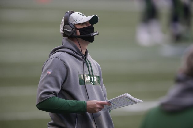 New York Jets head coach Adam Gase looks on against the Seattle Seahawks during the first half of an NFL football game, Sunday, Dec. 13, 2020, in Seattle. (AP Photo/Lindsey Wasson)