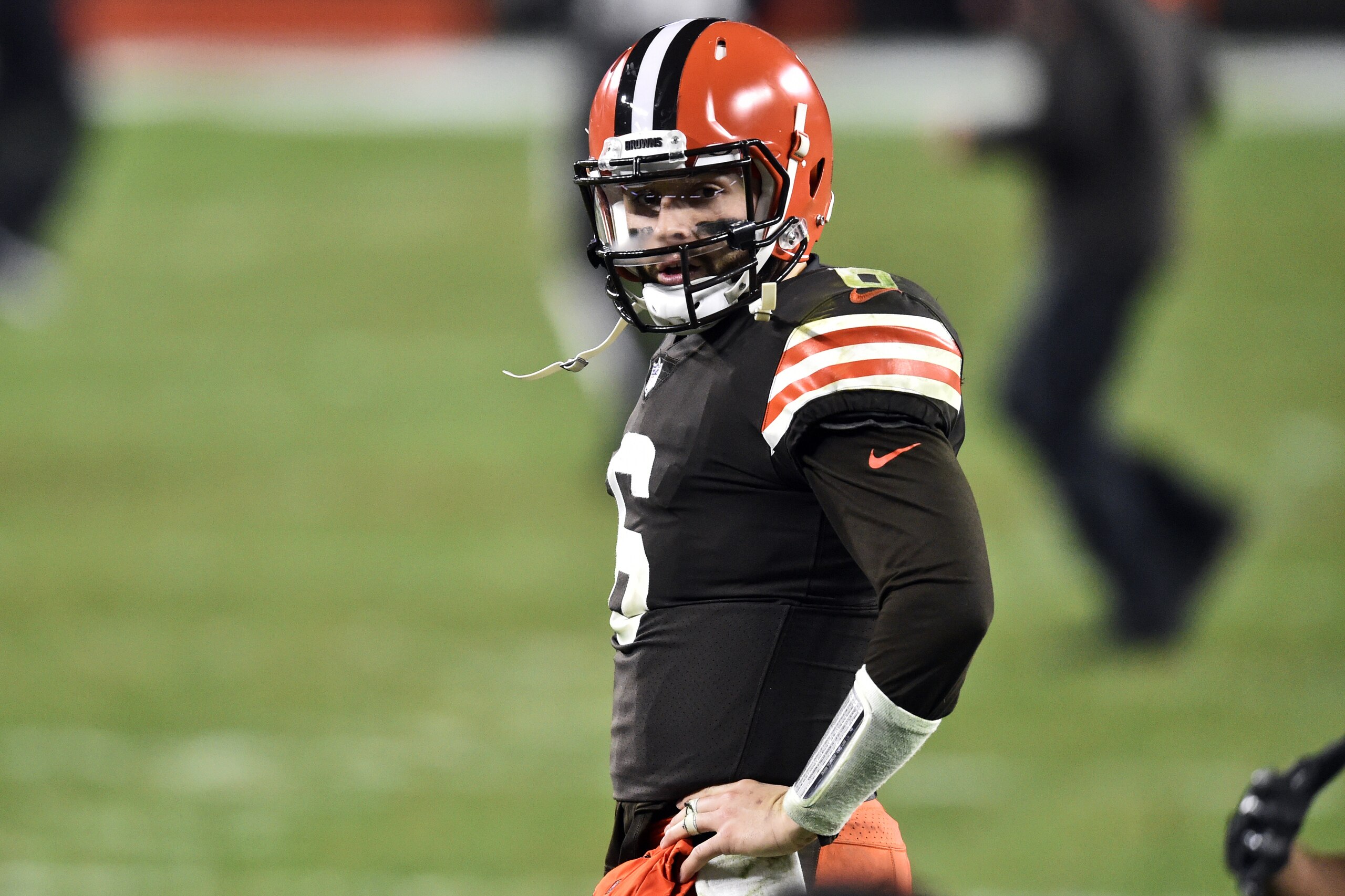 Cleveland Browns quarterback Baker Mayfield reacts after the Baltimore Ravens defeated the Browns 47-42 during an NFL football game, Monday, Dec. 14, 2020, in Cleveland. (AP Photo/David Richard) Cleveland Browns quarterback Baker Mayfield reacts after the Baltimore Ravens defeated the Browns 47-42 during an NFL football game, Monday, Dec. 14, 2020, in Cleveland. (AP Photo/David Richard)