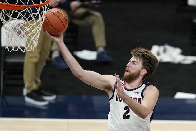 Gonzaga's Drew Timme goes to the basket during the second half of the team's NCAA college basketball game against West Virginia, Wednesday, Dec. 2, 2020, in Indianapolis. (AP Photo/Darron Cummings)