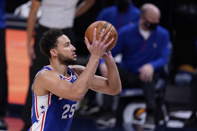 Philadelphia 76ers' Ben Simmons shoots during the first half of an NBA basketball game against the Indiana Pacers, Friday, Dec. 18, 2020, in Indianapolis. (AP Photo/Darron Cummings)