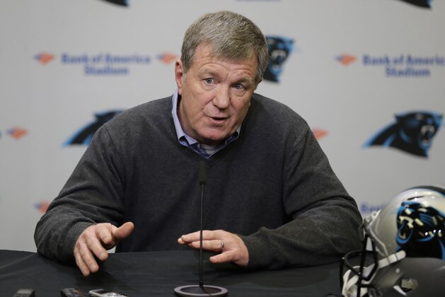 FILE - In this April 17, 2019, file photo, Carolina Panthers general manager Marty Hurney speaks to the media in Charlotte, N.C. The 2020 NFL Draft is April 23-25. (AP Photo/Chuck Burton, File)