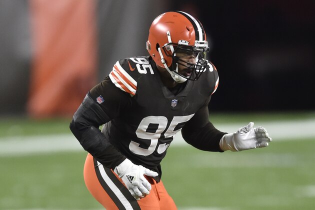 Cleveland Browns defensive end Myles Garrett (95) reacts during an NFL football game against the Baltimore Ravens, Monday, Dec. 14, 2020, in Cleveland. The Ravens won 47-42. (AP Photo/David Richard)