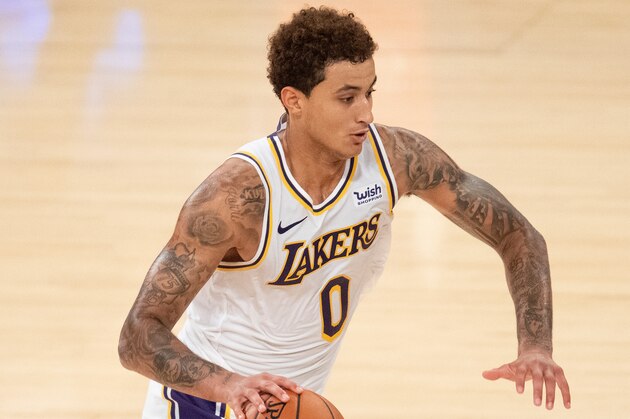 Los Angeles Lakers forward Kyle Kuzma during an NBA preseason basketball game in Los Angeles, Friday, Dec. 11, 2020. (AP Photo/Kyusung Gong)