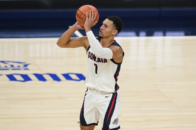 Gonzaga's Jalen Suggs (1) shoots during the second half of an NCAA college basketball game against West Virginia, Wednesday, Dec. 2, 2020, in Indianapolis. (AP Photo/Darron Cummings)