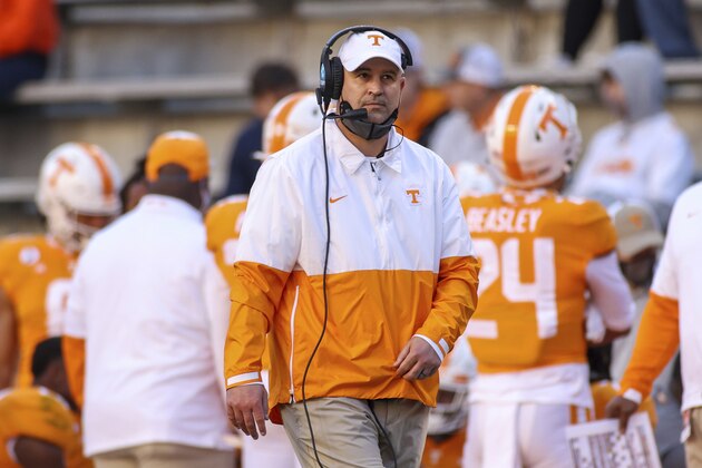 Tennessee coach Jeremy Pruitt watches during the first half of the team's NCAA college football game against Florida on Saturday, Dec. 5, 2020, in Knoxville, Tenn. (Randy Sartin/Knoxville News Sentinel via AP, Pool)