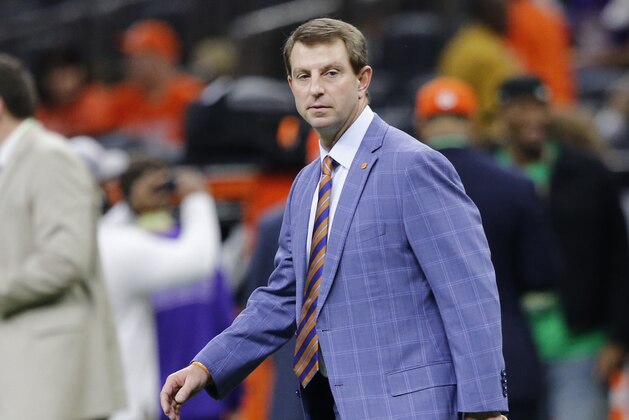 Clemson head coach Dabo Swinney arrives before a NCAA College Football Playoff national championship game against LSU, Monday, Jan. 13, 2020, in New Orleans. (AP Photo/Gerald Herbert)