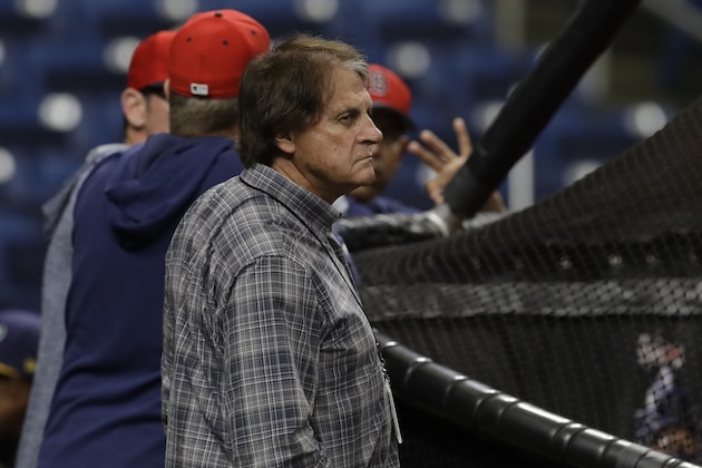 Tony La Russa, Boston Red Sox vice president and special assistant to the president of baseball operations before a baseball game against the Tampa Bay Rays Friday, April 19, 2019, in St. Petersburg, Fla. (AP Photo/Chris O'Meara)