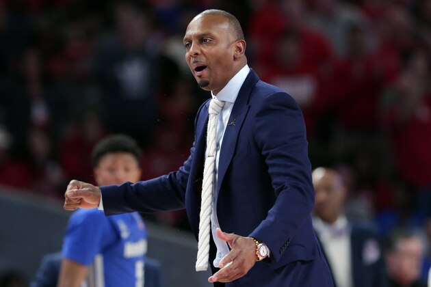 FILE - Memphis head coach Penny Hardaway questions a foul call during the second half of an NCAA college basketball game against Houston, Sunday, March 8, 2020, in Houston. As the NCAA gets set announce its plans for the 2020-21 college basketball season, there are clear precedents and blueprints in place should it decide to go the bubble route. “Maybe do it for maybe a week or two at a time, playing a certain amount of games and getting retested after you come back or something like that,” Memphis coach Penny Hardaway said.