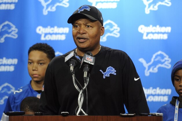 Detroit Lions head coach Jim Caldwell addresses the media after an NFL football game against the Green Bay Packers, Sunday, Dec. 31, 2017, in Detroit. (AP Photo/Jose Juarez)