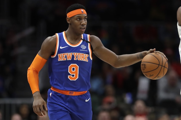 New York Knicks guard RJ Barrett (9) is shown in action during the second half of an NBA basketball game against the New York Knicks Wednesday, March 11, 2020, in Atlanta. (AP Photo/John Bazemore)