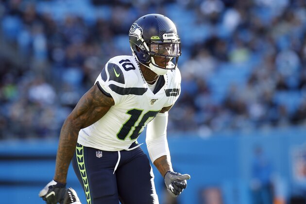 Seattle Seahawks wide receiver Josh Gordon (10) sets up against the Carolina Panthers during the second half of an NFL football game in Charlotte, N.C., Sunday, Dec. 15, 2019. (AP Photo/Brian Blanco)