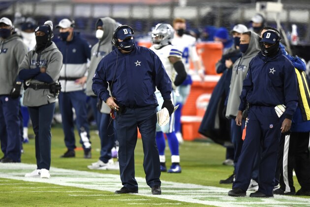 Dallas Cowboys head coach Mike McCarthy stands on the sideline during the first half of an NFL football game against the Baltimore Ravens, Tuesday, Dec. 8, 2020, in Baltimore. (AP Photo/Gail Burton)