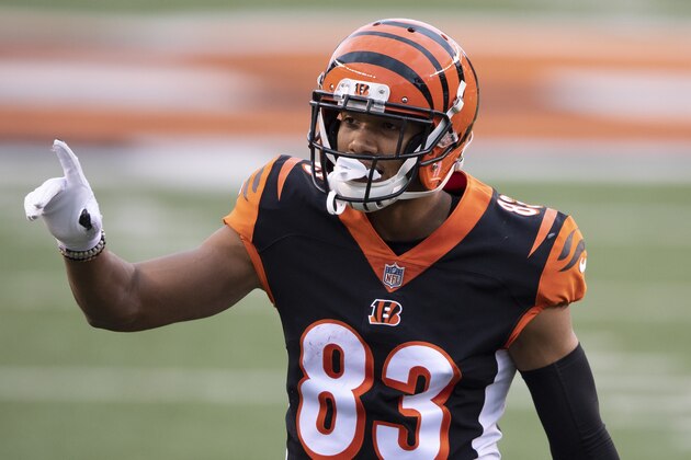 Cincinnati Bengals wide receiver Tyler Boyd (83) during an NFL football game against the Dallas Cowboys, Sunday, Dec. 13, 2020, in Cincinnati. (AP Photo/Emilee Chinn)