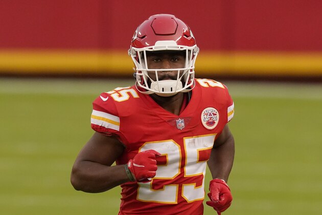 Kansas City Chiefs running back Clyde Edwards-Helaire runs onto the field during the first half of an NFL football game against the New England Patriots, Monday, Oct. 5, 2020, in Kansas City. (AP Photo/Charlie Riedel)