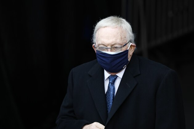 Dallas Cowboys owners Jerry Jones on the field before an NFL football game against the Cincinnati Bengals in Cincinnati, Sunday, Dec. 13, 2020. (AP Photo/Aaron Doster)