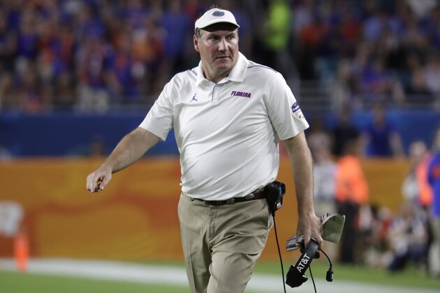 Florida head coach Dan Mullen watches during the first half of the Orange Bowl NCAA college football game against Virginia, Monday, Dec. 30, 2019, in Miami Gardens, Fla. (AP Photo/Lynne Sladky)