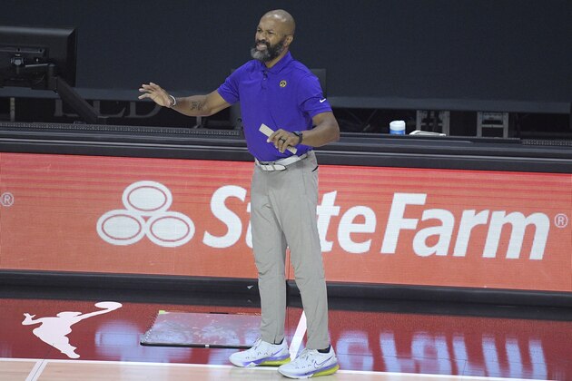 Los Angeles Sparks head coach Derek Fisher calls out instructions from the sideline during the first half of a WNBA basketball game against the Indiana Fever, Saturday, Aug. 15, 2020, in Bradenton, Fla. (AP Photo/Phelan M. Ebenhack)