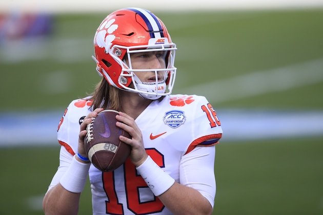 Clemson quarterback Trevor Lawrence (16) warms up before the start of the Atlantic Coast Conference championship NCAA college football game against Notre Dame, Saturday, Dec. 19, 2020, in Charlotte, N.C. (AP Photo/Brian Blanco)