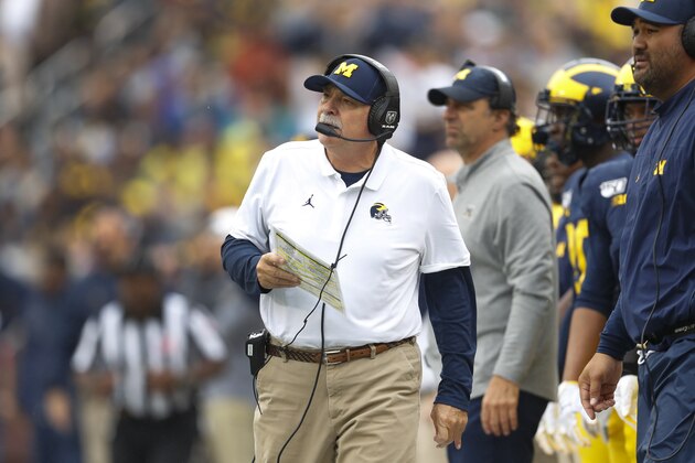 Don Brown, Michigan defensive coordinator, watches against Rutgers in the first half of an NCAA college football game in Ann Arbor, Mich., Saturday, Sept. 28, 2019. (AP Photo/Paul Sancya)