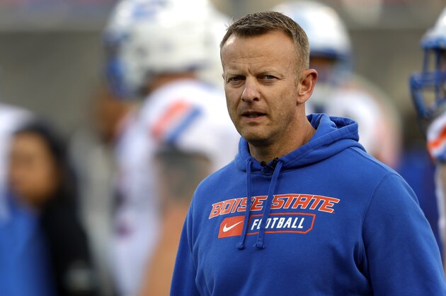 FILE - In this Saturday, Dec. 21, 2019 file photo, Boise State coach Bryan Harsin watches his players warm up for the Las Vegas Bowl NCAA college football game against Washington at Sam Boyd Stadium in Las Vegas. No. 25 San Jose State will face perennial conference powerhouse Boise State in the Mountain West championship on Saturday, Dec. 19, 2020 in Las Vegas. The game is usually played on the higher seedâ€™s home field but this year it will be held at Sam Boyd Stadium.  (AP Photo/Steve Marcus, File)