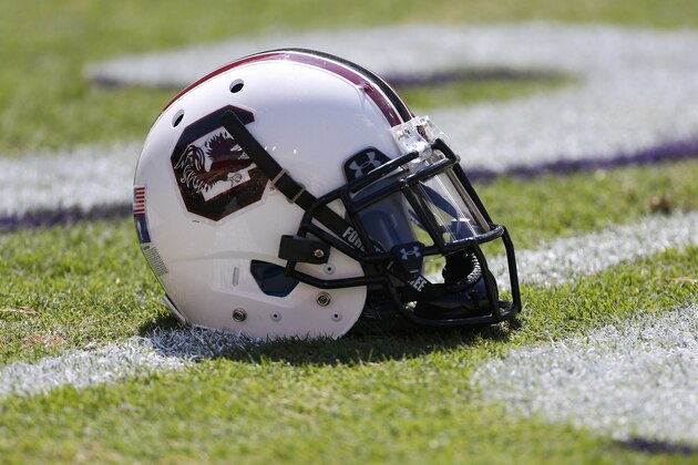 A South Carolina helmet is seen before an NCAA college football game in Baton Rouge, La., Saturday, Oct. 10, 2015. (AP Photo/Jonathan Bachman)