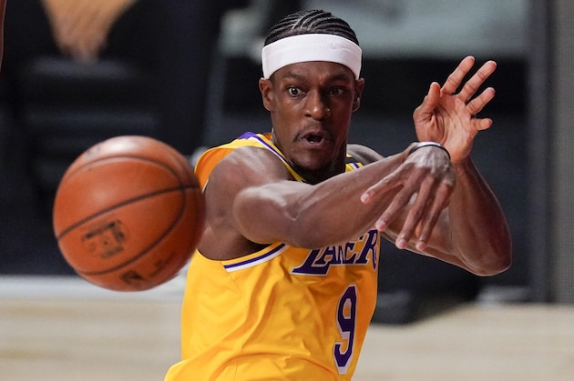 Los Angeles Lakers guard Rajon Rondo plays against the Miami Heat during the second half in Game 4 of basketball's NBA Finals Tuesday, Oct. 6, 2020, in Lake Buena Vista, Fla. (AP Photo/Mark J. Terrill)