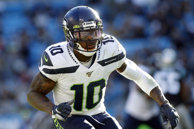 FILE - In this Dec. 15, 2019, file photo, Seattle Seahawks wide receiver Josh Gordon (10) sets up against the Carolina Panthers during the second half of an NFL football game in Charlotte, N.C. The Seahawks are bringing back wide receiver Josh Gordon on a one-year deal even as the talented pass catcher awaits reinstatement from the NFL after his latest suspension.   Gordonâ€™s signing was confirmed on Twitter by his agent David Canter on Thursday, Sept. 3, 2020, just two days before the Seahawks must cut their roster to 53 players.  (AP Photo/Brian Blanco, File)